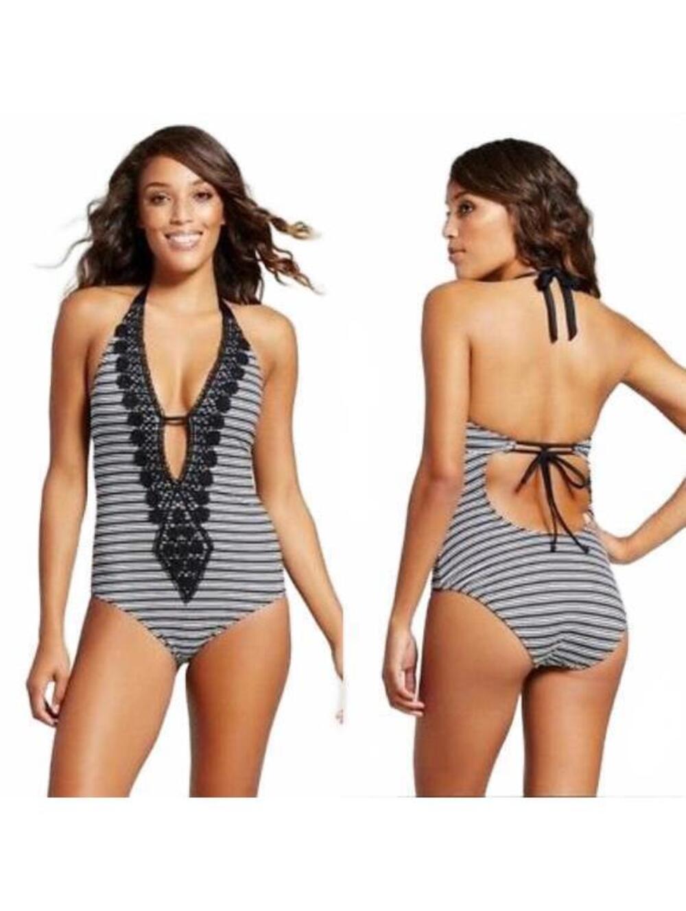 Mossimo Crochet Trim Black White Stripe Halter Plunge One Piece Swimsuit Small